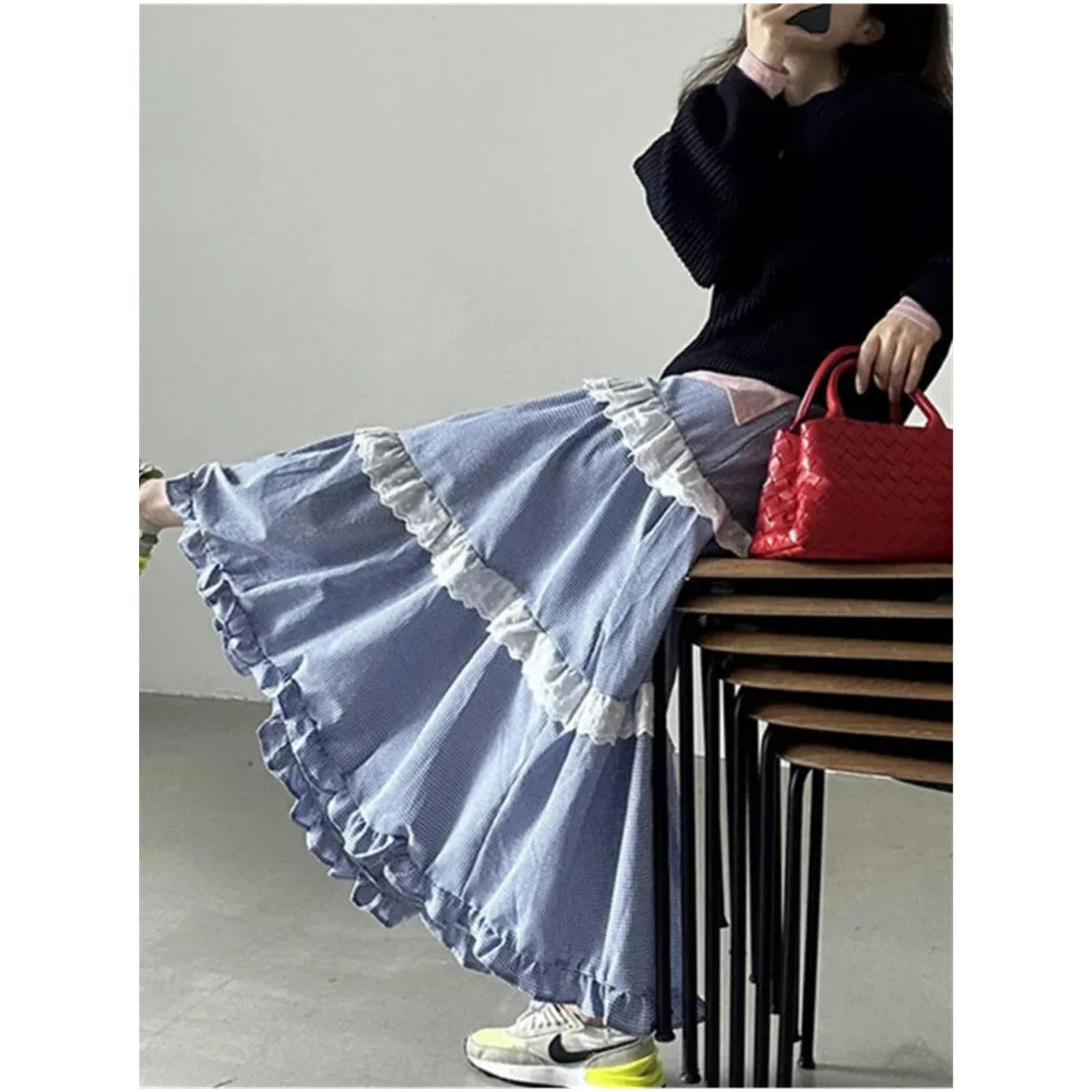 Gonna Scherma Lunghe con Stampa A Quadri Primaverili Donne in Pizzo Patchwork con Rantoli Pieghe per Signore Sfilate Gonne da Donna Sciolta