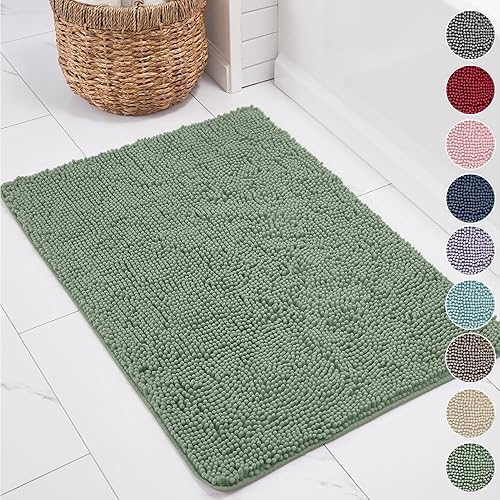 KANGAROO Bathroom Rugs, Chenille Soft Absorbent Bath Rug, Shaggy Shower Mat, Quick Dry Machine Wash Bathmat, Plush Carpet Mats for Tub, Bathtub and Room Home Decor Accessories, 30x20, Sage