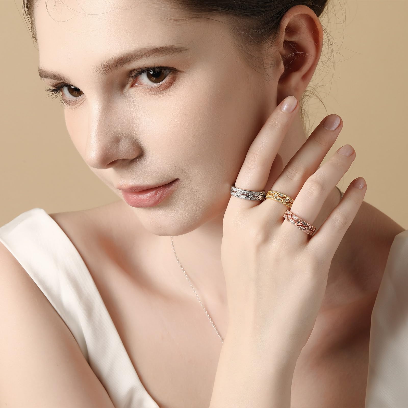 Jeulia 925 Sterling Silber Ringe Milgrain Rundschliff Damen Band Jubiläum Versprechen Ringe mit Schmuckschatulle für Sie Frauen Mädchen