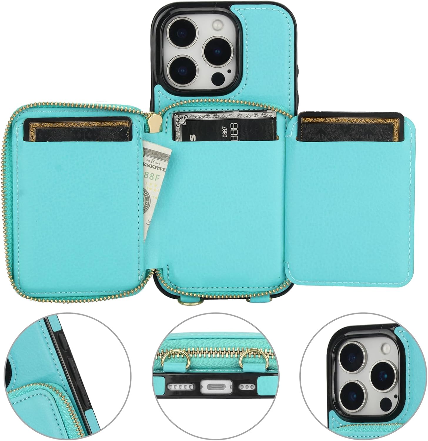 Bocasal RFID Blocking Wallet Case for iPhone 16 Pro, Adjustable Crossbody Zipper Purse Case Card Holder with Kickstand Detachable Wrist Strap, PU Leather Flip Folio Case 6.3 Inch 5G (Mint Green)