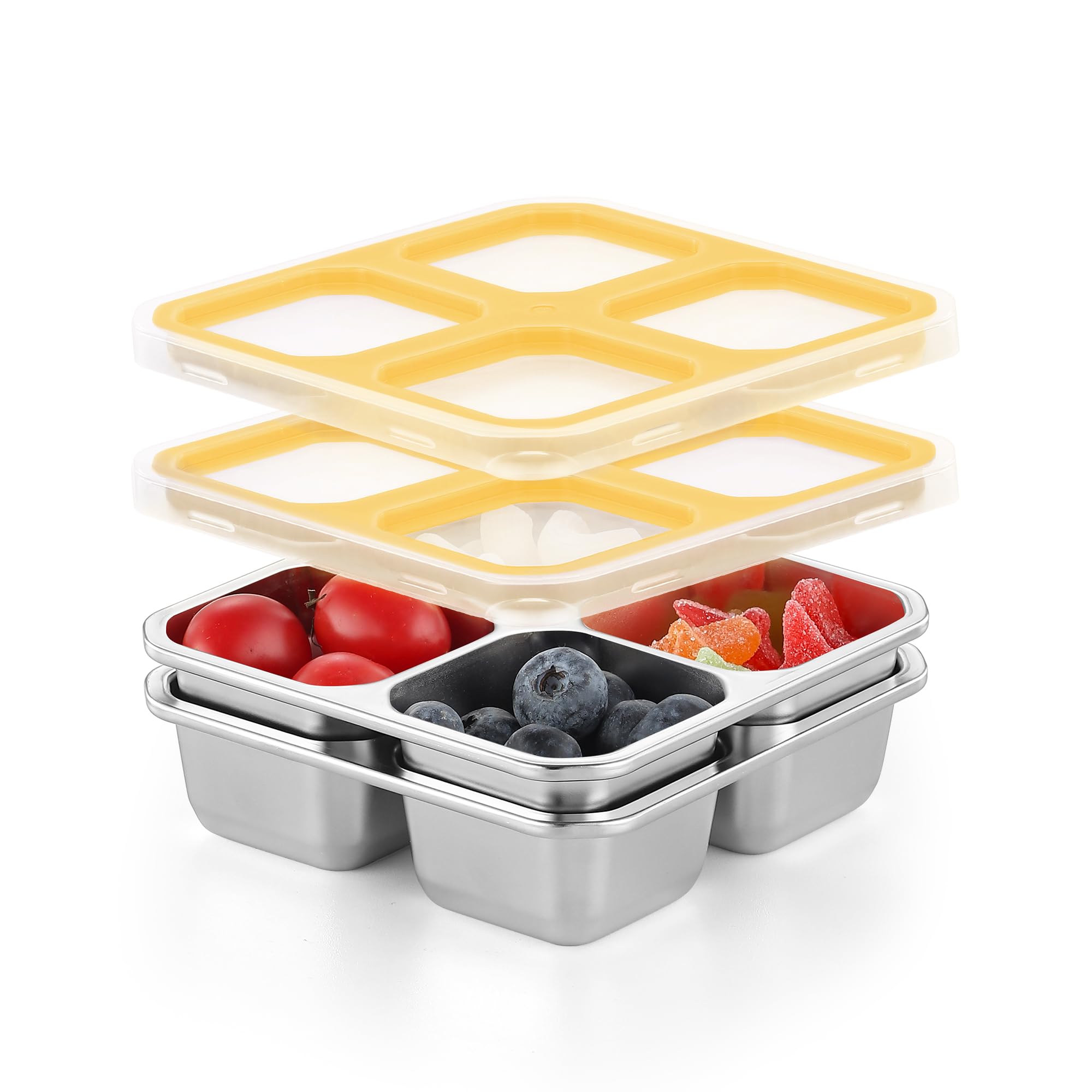 Misichao Stainless Steel Snack Boxes with 4 Compartments | Reusable Snack Containers Small Bento Lunch Box for Kids Adults Divided Meal Prep Containers for School Work and Travel 2 Pack (Yellow-2)