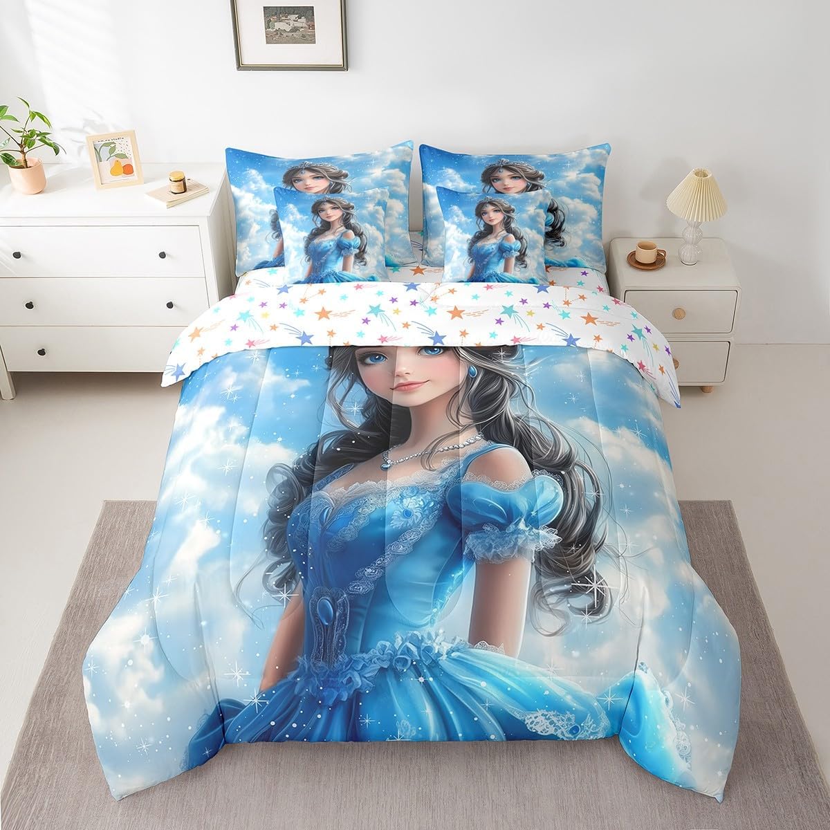 Princess Castle Comforter Set 7 Pieces,Cartoon Fairy Tale Themed Bed Set for Kids Adults,Glitter Pink Bedding King with 1 Comforter,1 Fitted Sheet,1 Flat Sheet,2 Pillowcases,2 Throw Pillow Cover