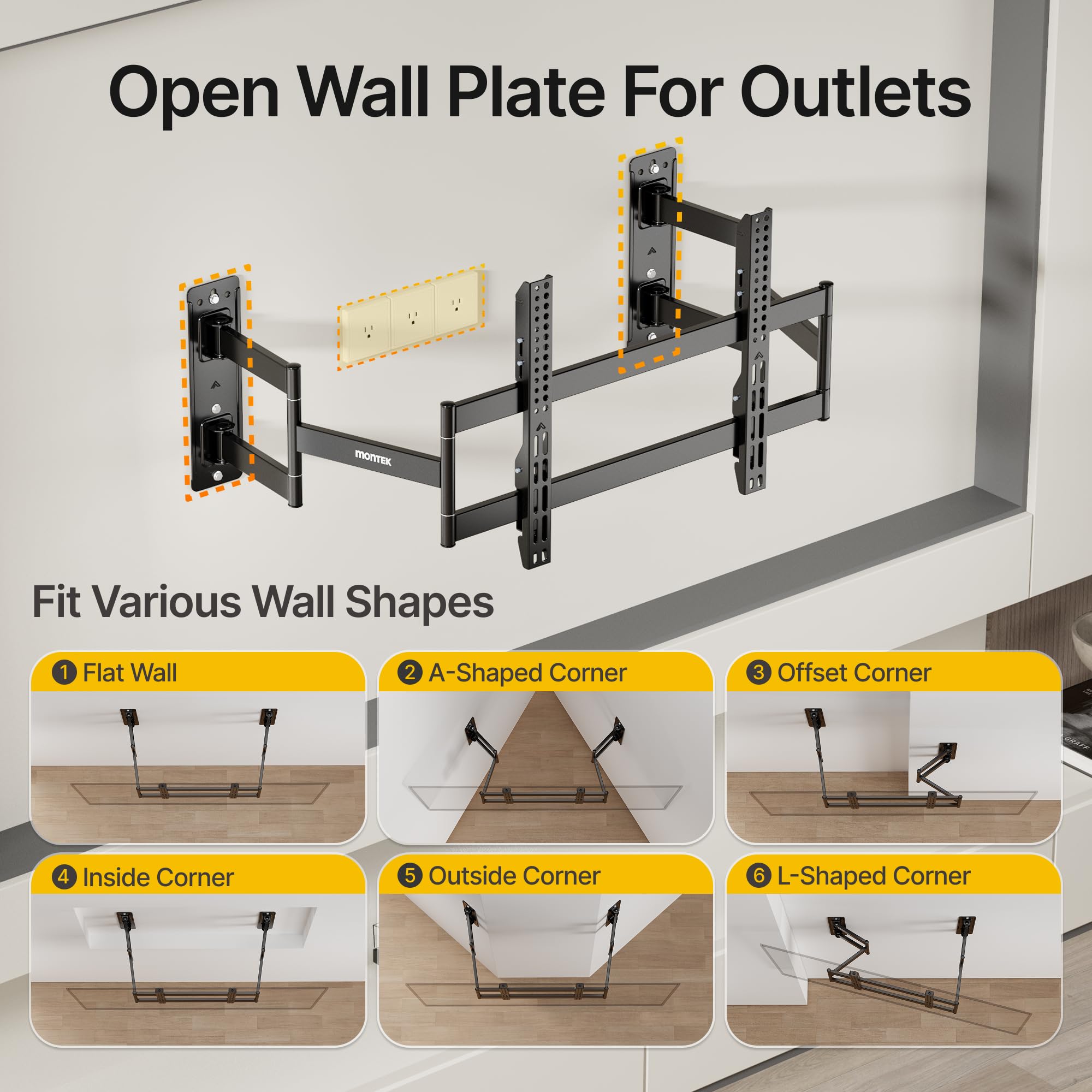 monTEK Soporte de pared de esquina de movimiento completo para televisores LCD LED de 55 a 90 pulgadas, soportes de pared resistentes con capacidad de peso de 175 libras, brazo de pared doble perfecto