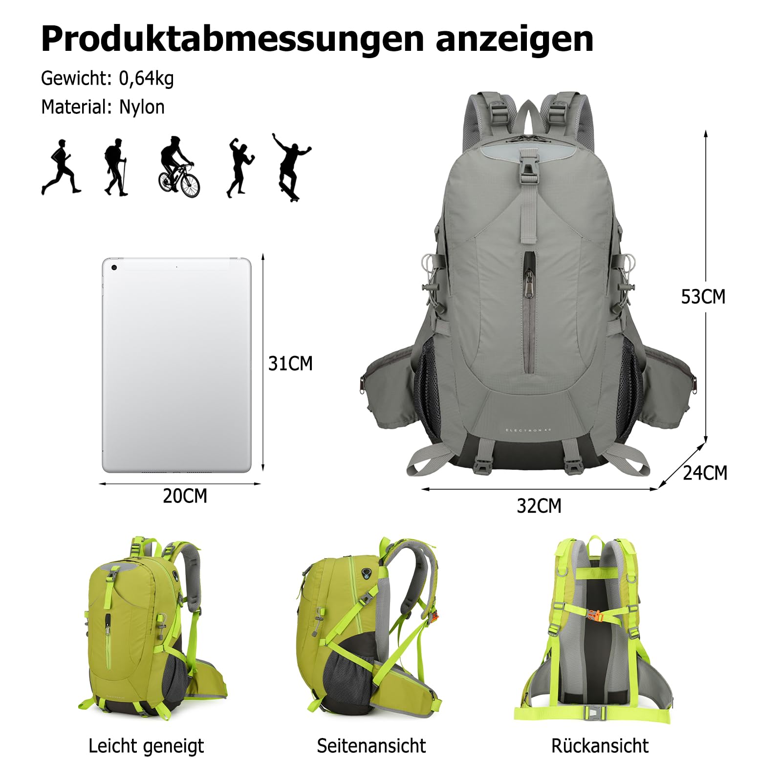 Zaino da trekking impermeabile da 40 litri, resistente, leggero, riflettente, per donne, uomini, trekking, campeggio, passeggiate, arrampicata, viaggi, sport all'aria aperta