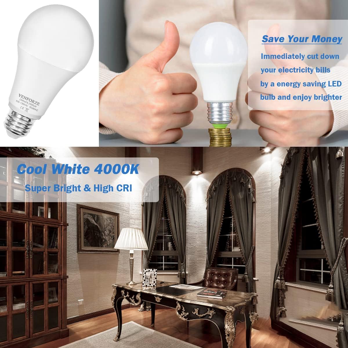 Venforze Bright Light Bulb,150w-200w Equivalent 2500LM E26 Led Bulb 23W Cool White 4000K A21 Led Light Bulb Non-Dimmable 2-Pack