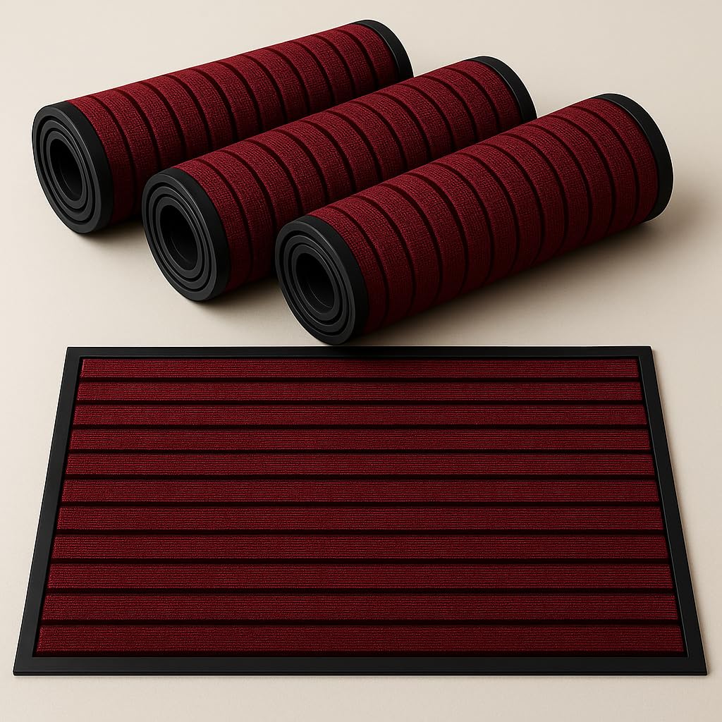 Hafaa Burgundy Door Mat 4 Pack 60x90 cm Water Absorbent Rubber Mat