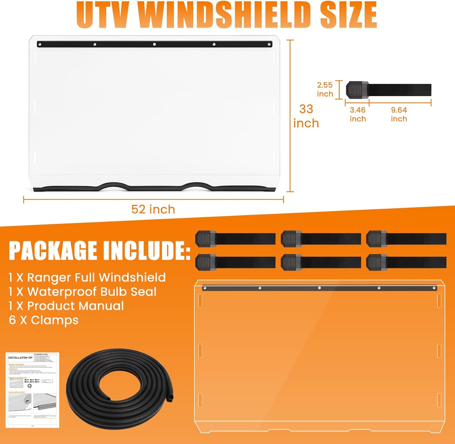 Scratch-Resistant Ranger 570 800 Windshield, UTV Clear PC Anti-UV Front Full Windshield Fits for 2016-2025 Polaris Ranger 570 Full Size, 2010-2016 Ranger 800 6x6 / XP 800 / Crew Accessories