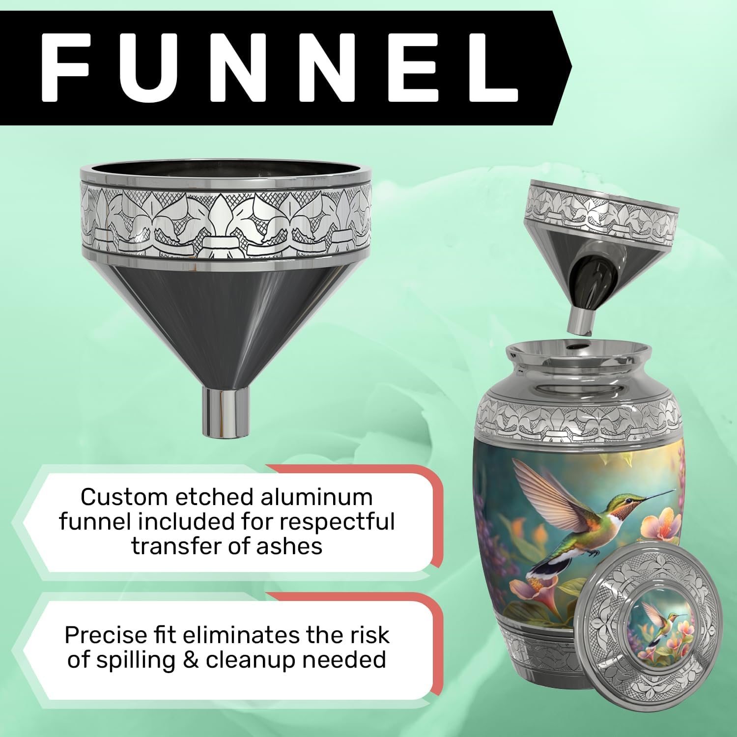 Large Hummingbird Cremation Urn (4-Piece Set) for Human Ashes with Funnel and Matching Handcrafted Vase (Women, Adult Female) (JDL-Hummingbird-Large)