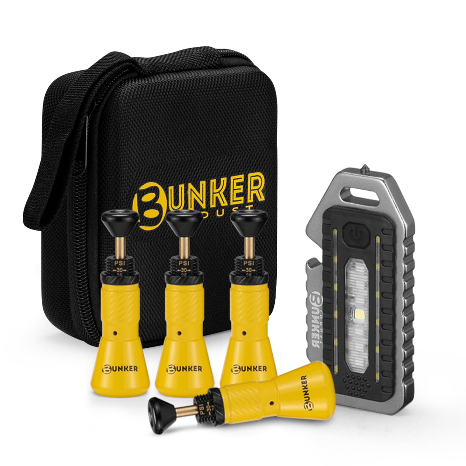 BUNKER INDUST Adjustable Auto-Stop Offroad Tire Air Deflator Kit, 4 PCS Tire Air Down Valve(10-30 PSI) / 1 PCS Multifunctional LED Light Features Safety Whistle and Bottle Opener/Carrying Case