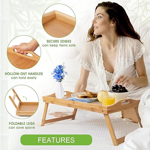 Miniatura 4 de Bandeja de cama con patas plegables de madera para servir desayuno en cama o bandeja para platos, mesa de TV, bandeja para computadora portátil,