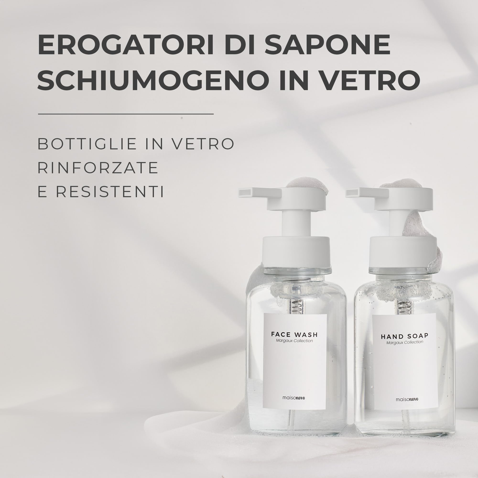 MaisoNovo Dispenser di sapone schiumogeno in vetro da 400 ml | Dosatori in plastica bianca e vetro trasparente x 2 | Dispenser Sapone Schiuma