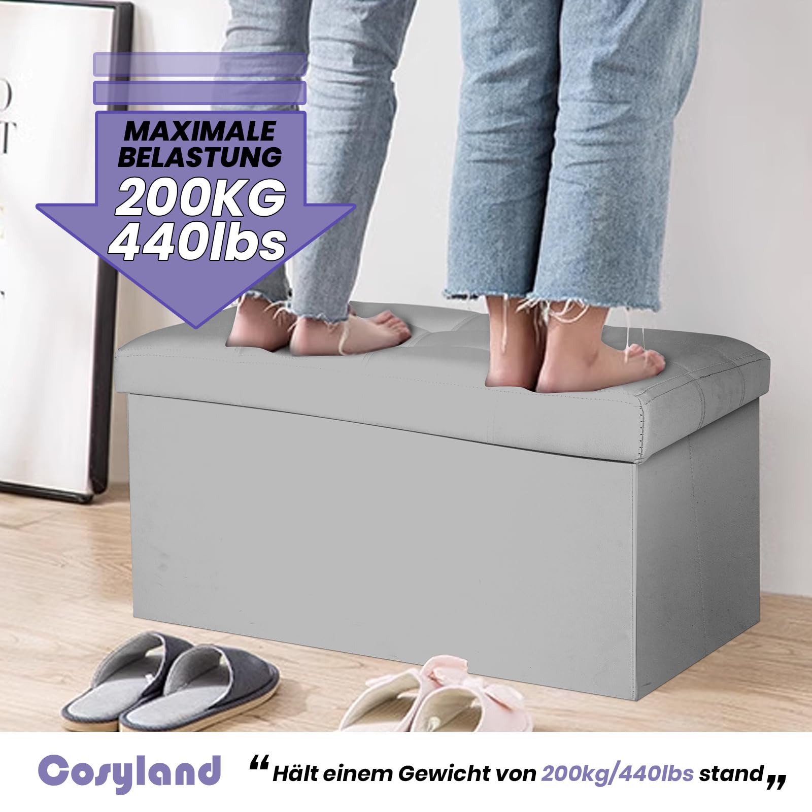Cosyland Sitzbank mit Stauraum - 76 x 38 x 38 cm Sitzhocker - Faltbare Hocker - Sitztruhe bis belastbar – Bild 5