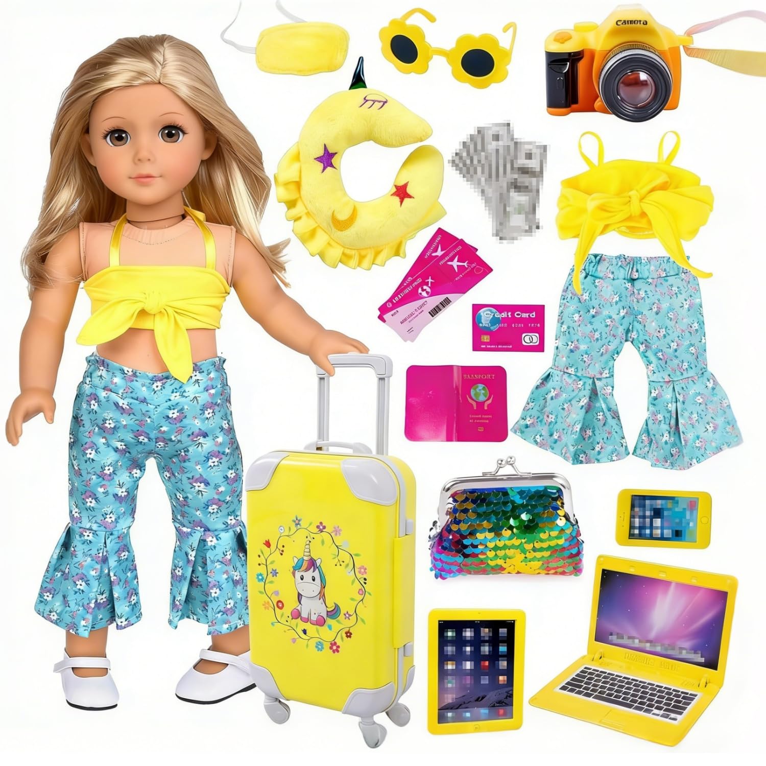 ebuddy Doll Clothes and Accessories 18 Inch Doll Travel Set with Unicorn Printed Luggage Suitcase Fit for 18 inch Our Generation Doll,18 inch Girl Doll,Most 18 Inch Dolls(No Doll),Character Playset-image-40