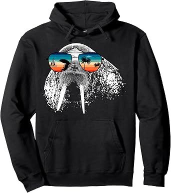 WALRUS Hoodies With Glasses Sunglasses Retro Style Pullover Hoodie