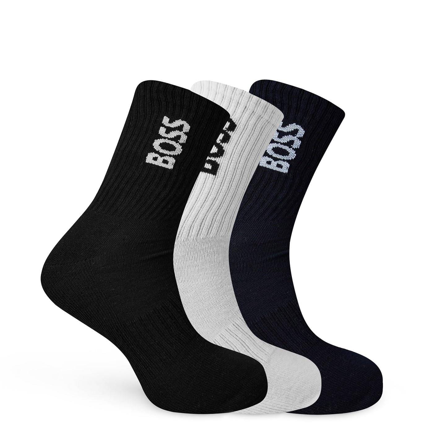 BOSS Kids 3 Pack Crew Socks Black/White/Navy 5.5-8