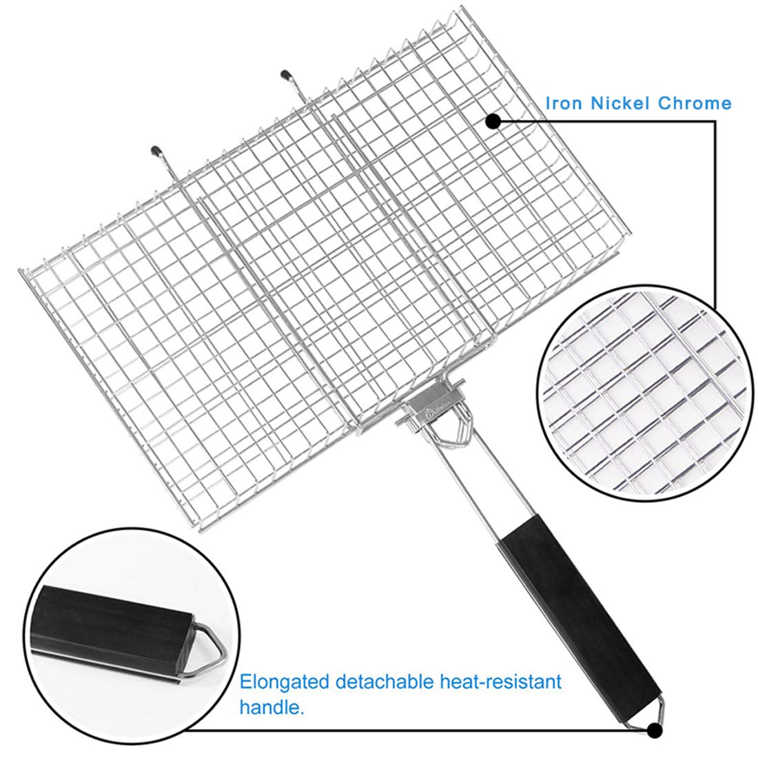RWRAPS Cestello per grigliate per Barbecue, Cestello per griglia per Barbecue Portatile Pieghevole in Acciaio Inossidabile per Pesce arrosto Verdure Bistecca di gamberi, con Custodia, 31X25x5,5 cm