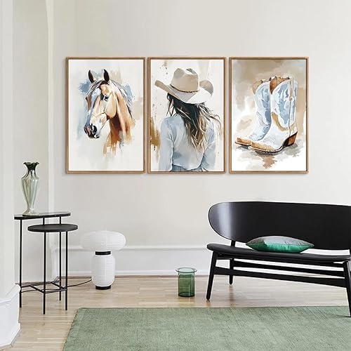 Miniatura 5 de YeeHomedec Juego de arte de pared en lienzo enmarcado de vaquera occidental, decoración de pared azul y blanco, impresión artística de botas de