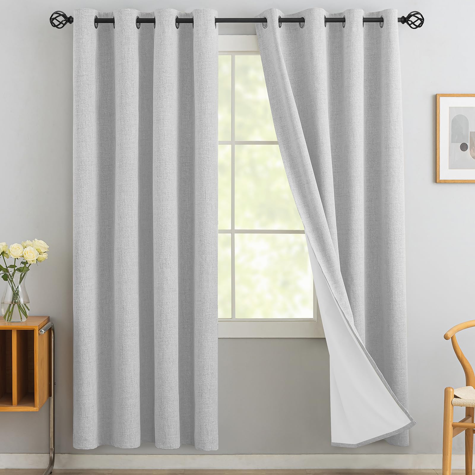 Yakamok White Linen Curtains 100% Blackout 72 Inches Long,Room Darkening Textured Drapes for Living Room Thermal Grommet Bedroom Curtains 2 Panels
