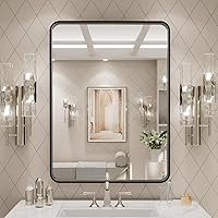 Vista 6 de LOAAO - Espejo de tocador para baño con marco de metal negro mate de 24 x 32 pulgadas para pared, rústico, rectangular, grande, redondeado