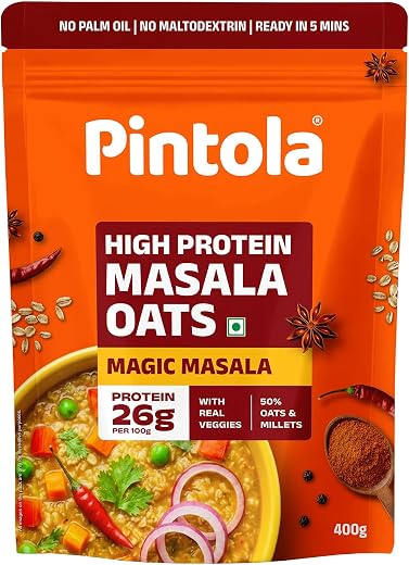 Pintola 26g High Protein Masala Oats 400g, Magic Masala, Breakfast Cereal with High Fiber &amp; Veggies, No Palm Oil, No Prese...