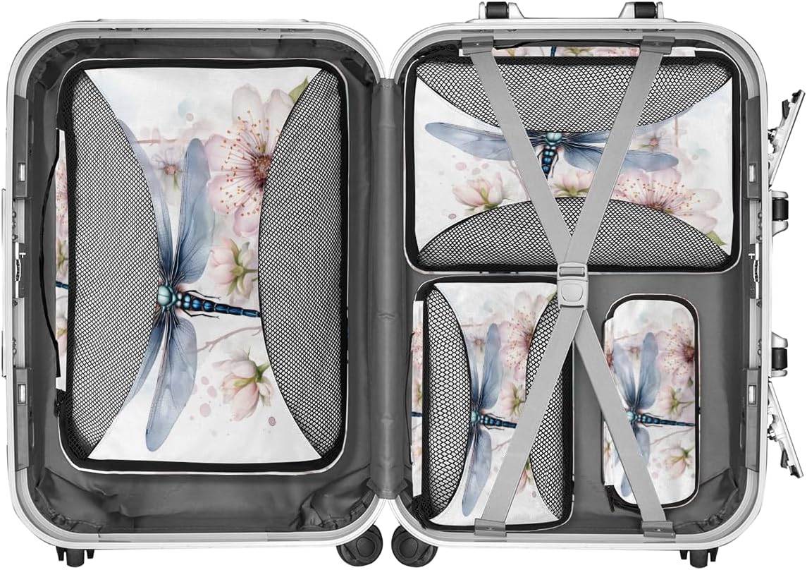 Flowers Dragonfly 4 Set Packing Cubes Packing Cubes for Women Lightweight Travel Essential Bag Clothes Carry on Suitcase Bags for Accessories Essentials