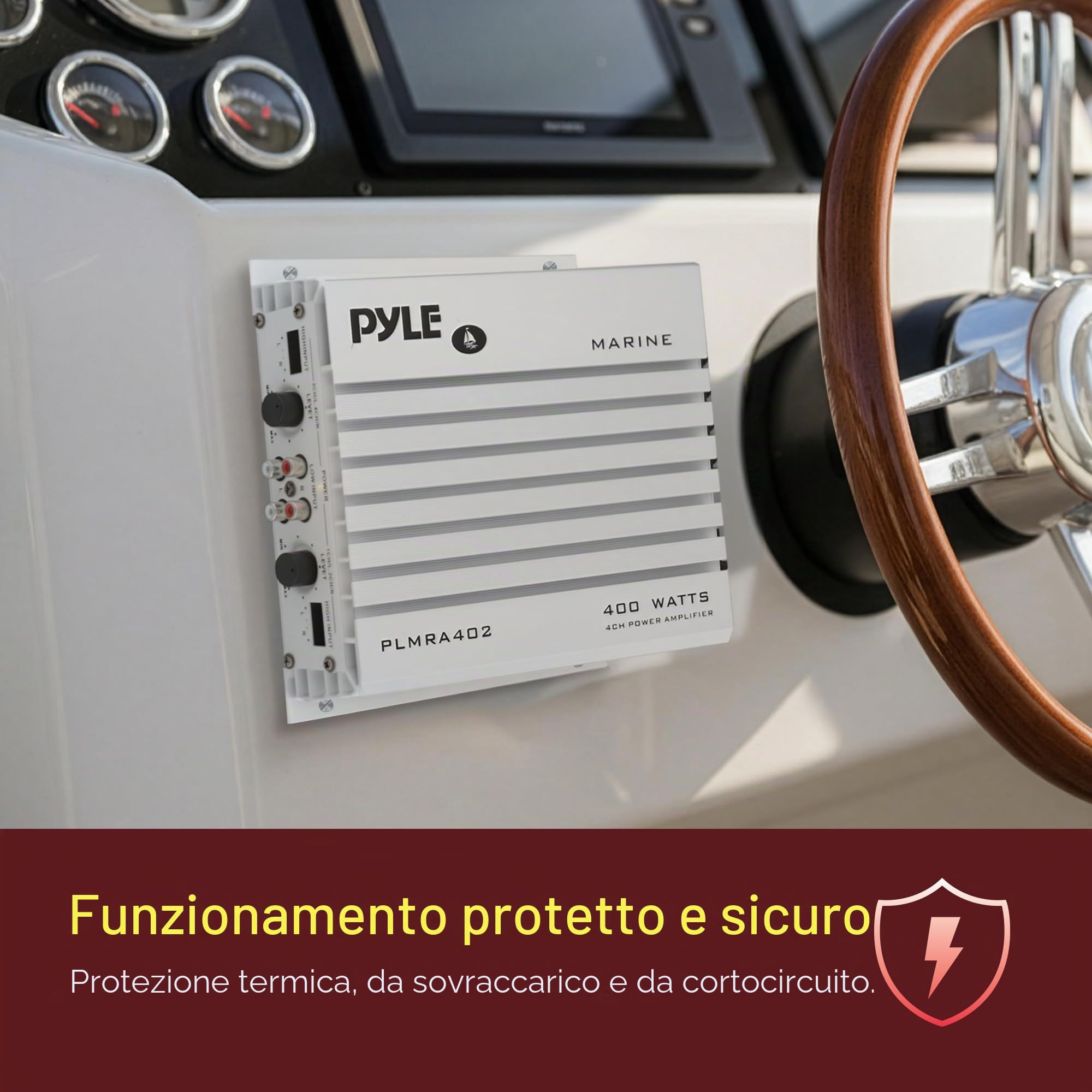 Pyle PLMRA402 - Amplificatore idraulico a 4 canali da 400 Watt, alimentatore doppio MOSFET, controlli livello guadagno, ingresso stereo RCA e indicatore LED