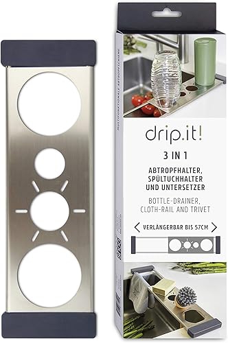 Sanni Shoo Drip.it - Organizador para fregadero de acero inoxidable, multifuncional y ahorra espacio, soporte para botellas, compatible con