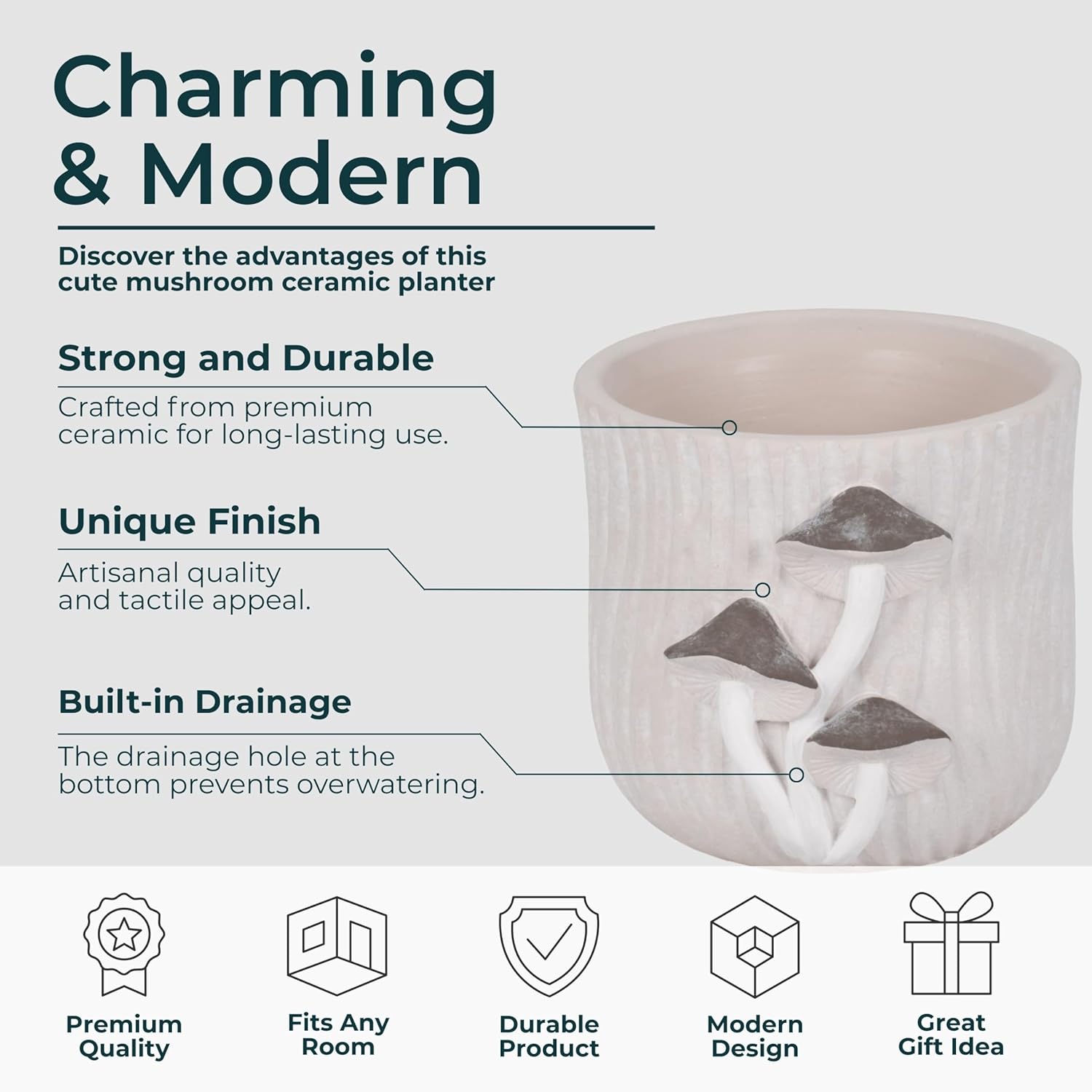 Cement Decorative Planter Pot Without Stand – Pottery Outdoor & Indoor Plant Pot with Mushroom Applique Pattern – Minimalist Modern Garden & Home Decor Cement Planters – 5", Gray