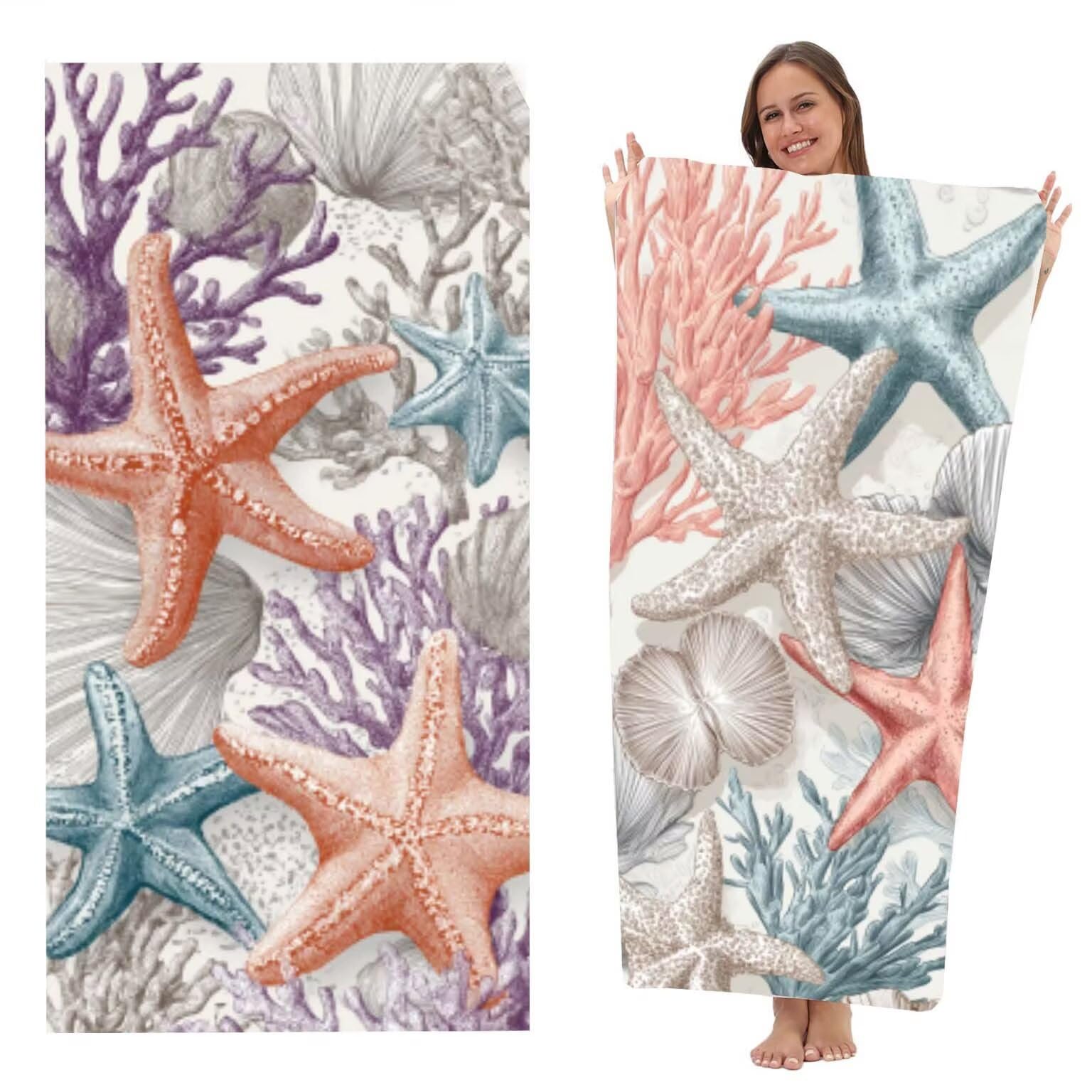 Serviette de Plage Microfibre 90x180 cm, Léger et Doux Anti Sable Séchage Rapide, pour la Plage, Les Voyages, Les piscines Intérieures ou Les saunas, Serviette 2 PC (Peinture D'Étoile De Mer) z-1491