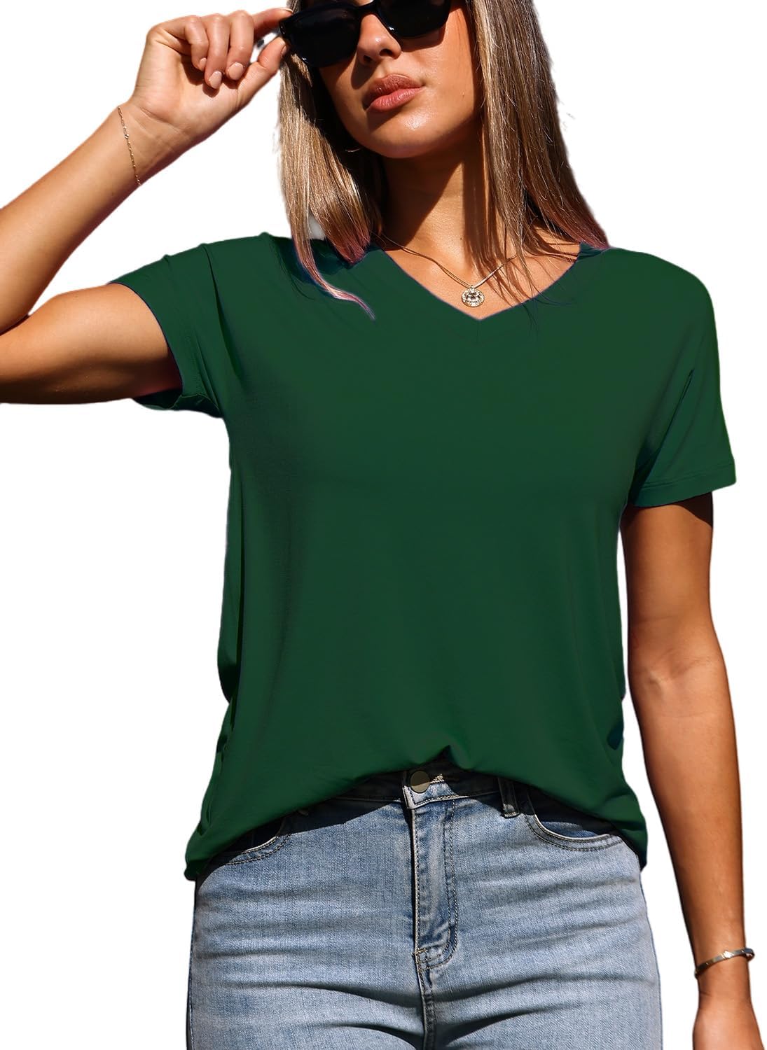 Abardsion 2025 Summer V Neck T Shirts for Women Trendy Outfits Loose Fitted Elegant Blouses Tops