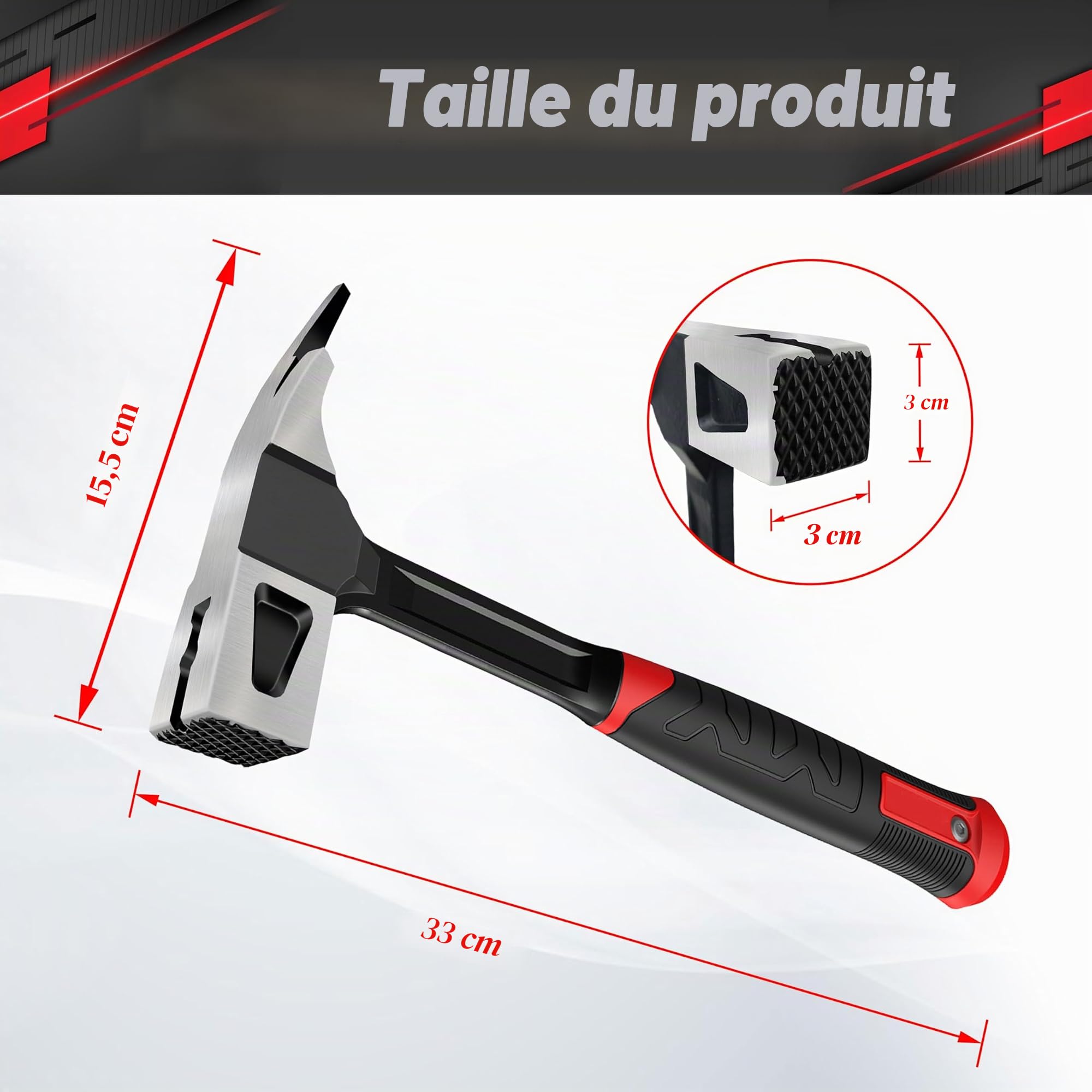 C&T Marteau de charpentier de 600 g, marteau de serrurier, marteau forgé, poignée ergonomique en fibre de verre, construction monobloc, support magnétique à clous