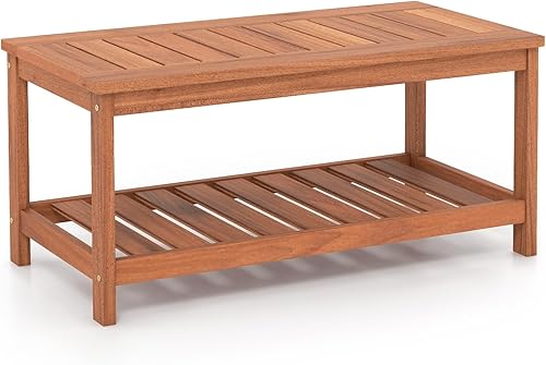 Miniatura 9 de Giantex Mesa de centro de madera dura para patio, mesa de centro de madera de 2 niveles con mesa de listones y estante de almacenamiento, mesa