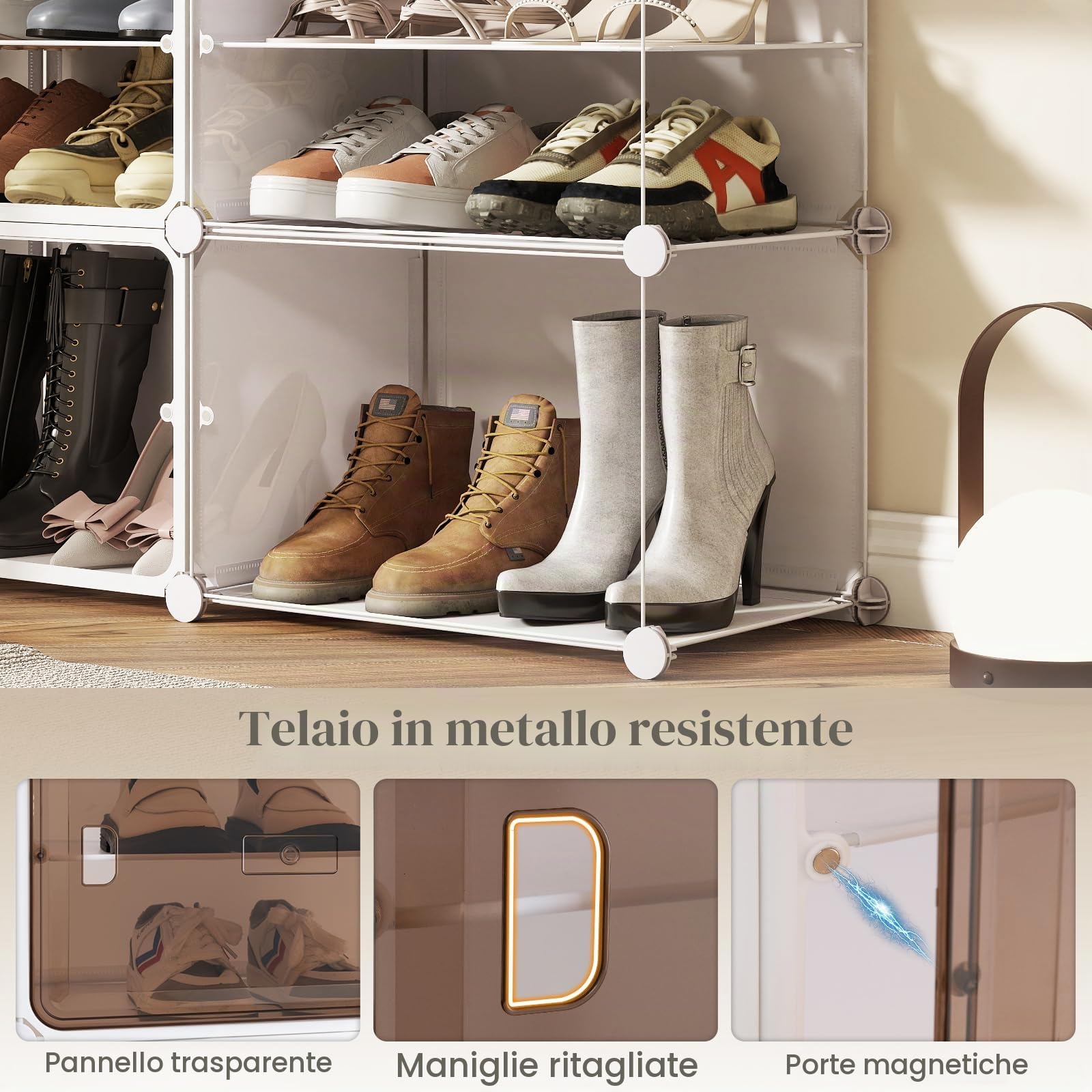 Giantex Scarpiera in Plastica a 8/10 Ripiani, Scaffale Componibile per 32/40Paia di Scarpe, Armadietto per Scarpe Salvaspazio con Pannelli Rimovibili e Porte Trasparenti (8 quadrati)