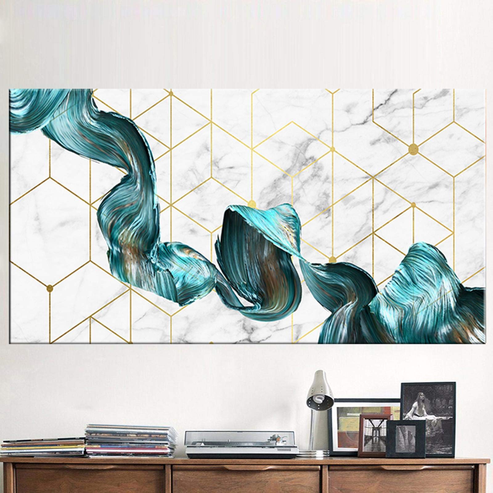 Arte decorativo nórdico abstracto Mármol Textura de mármol Cartel abstracto Arte de pared verde dorado Impresión Lienzo moderno Pintura en tinta 70x140cm (28x55in) Con marco