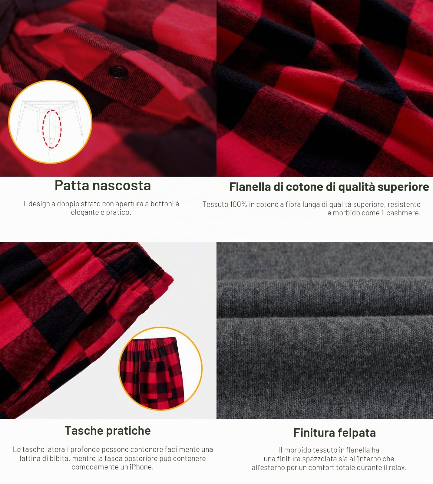 LAPASA Set Pigiama da Uomo a Quadri con Tasche e Coulisse, Completo Maglia Cotone & Pantaloni Flanella M79