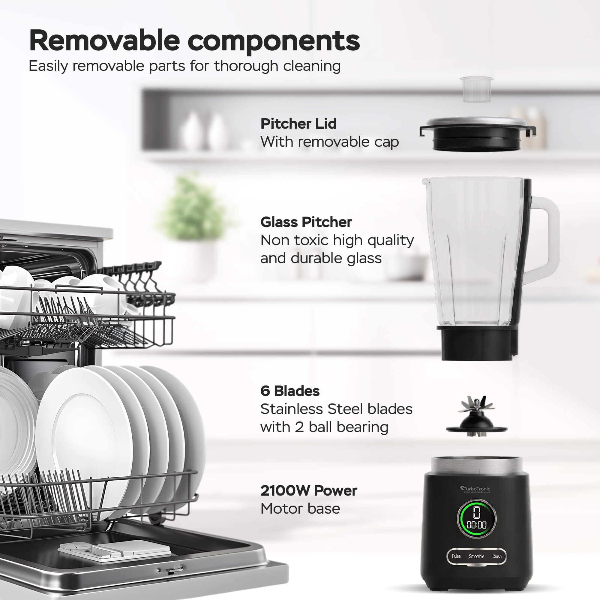 TurboTronic Standmixer - BG7-2100 Watt (25.000 RPM) mit 2,0 L Glasbehälter Edelstahl, Glas Smoothie Mixer/Maker Ice Crush Funktion Milchshaker Blender BPA FREI