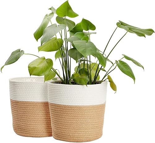 Paquete de 2 macetas decorativas de yute con forro de plástico cesta tejida para plantas piso almacenamiento 11 pulgadas