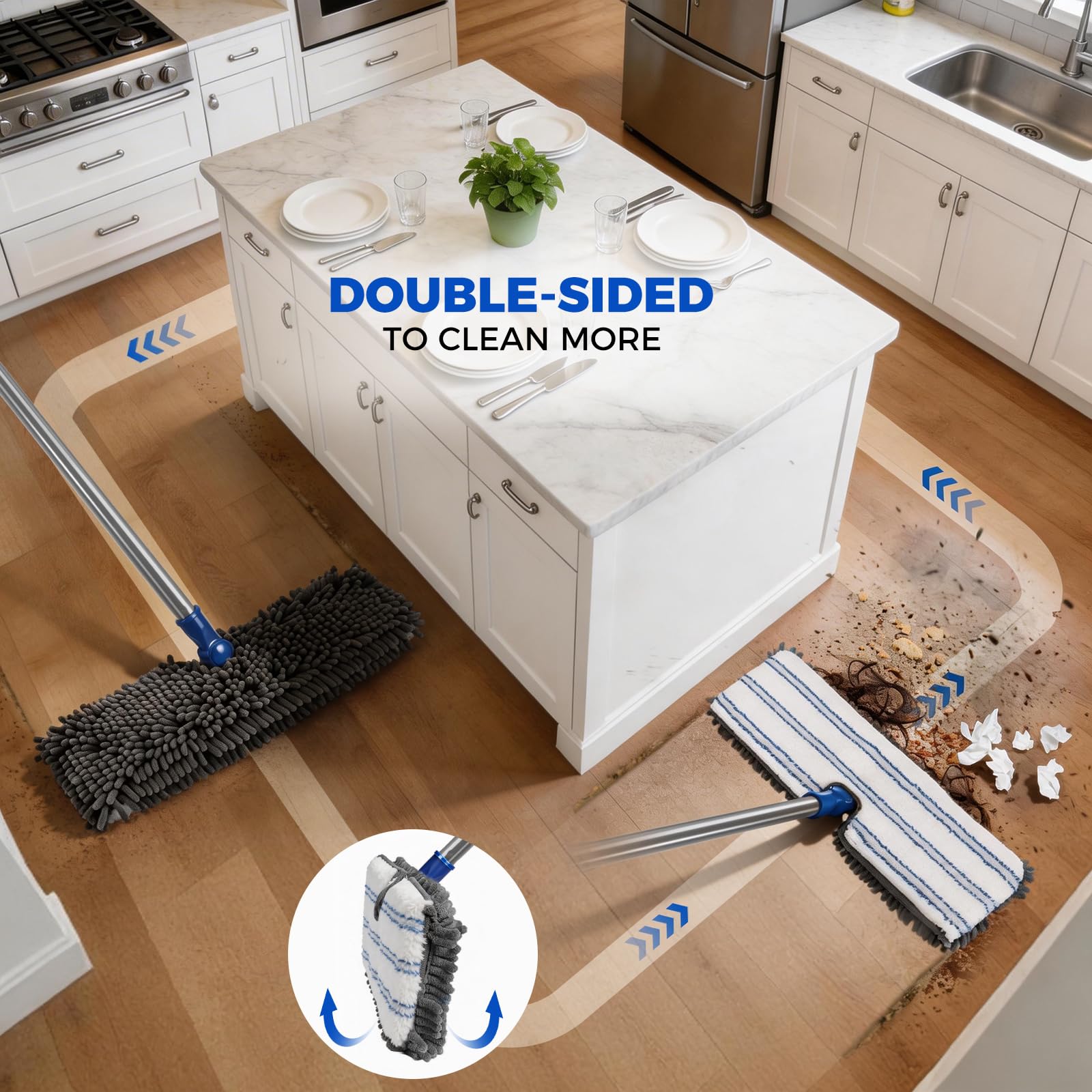 Masthome Mikrofaser-Mops für Bodenreinigung, Staubwischer mit 4 wiederverwendbaren Pads, Flacher Flip-Mops für Nass- und Trockengebrauch, professioneller Mikrofaser-Mop für Hartholz, Laminat