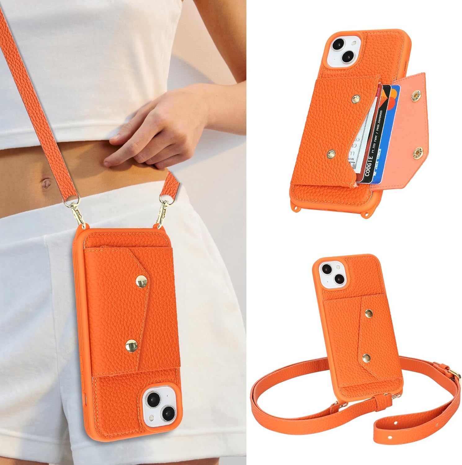Jaorty Genuine Leather Wallet Case for iPhone 14/13, Necklace Lanyard Case Cover with Card Holder & Cash Pocket for Women Girls,Magnetic Snap,Anti-Lost Shoulber Strap 6.1 inch,Orange