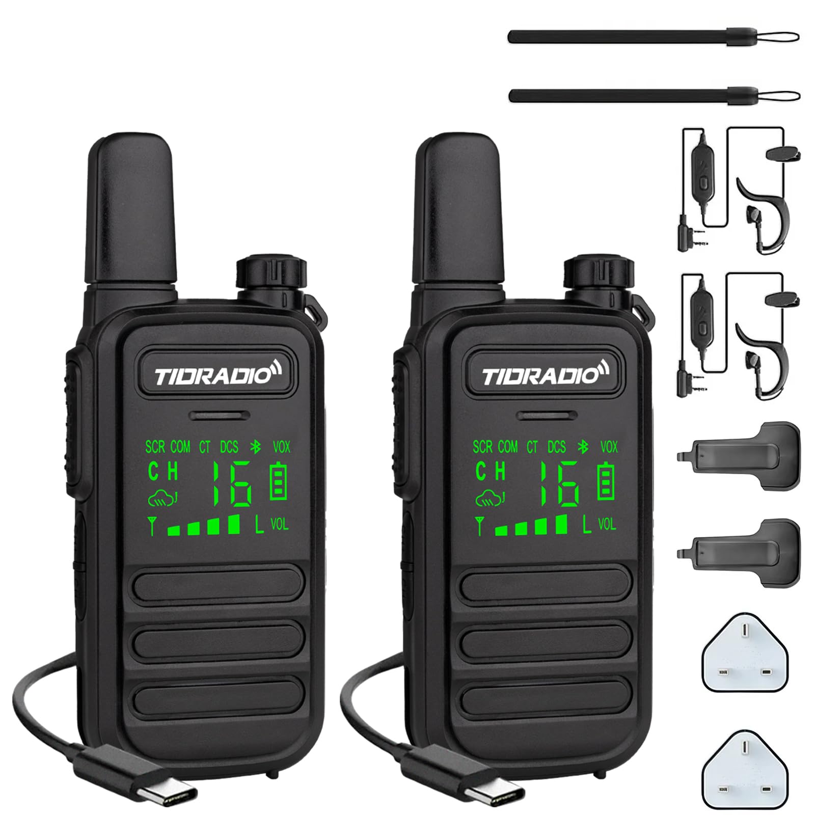 TIDRADIO TD-M11 Walkie Talkies for Adults Kids, Long Range Waterproof PMR446 Licence Free 16CH Type-C Rechargeable LED Light Screen Earpieces-2Pack Two Way Radio