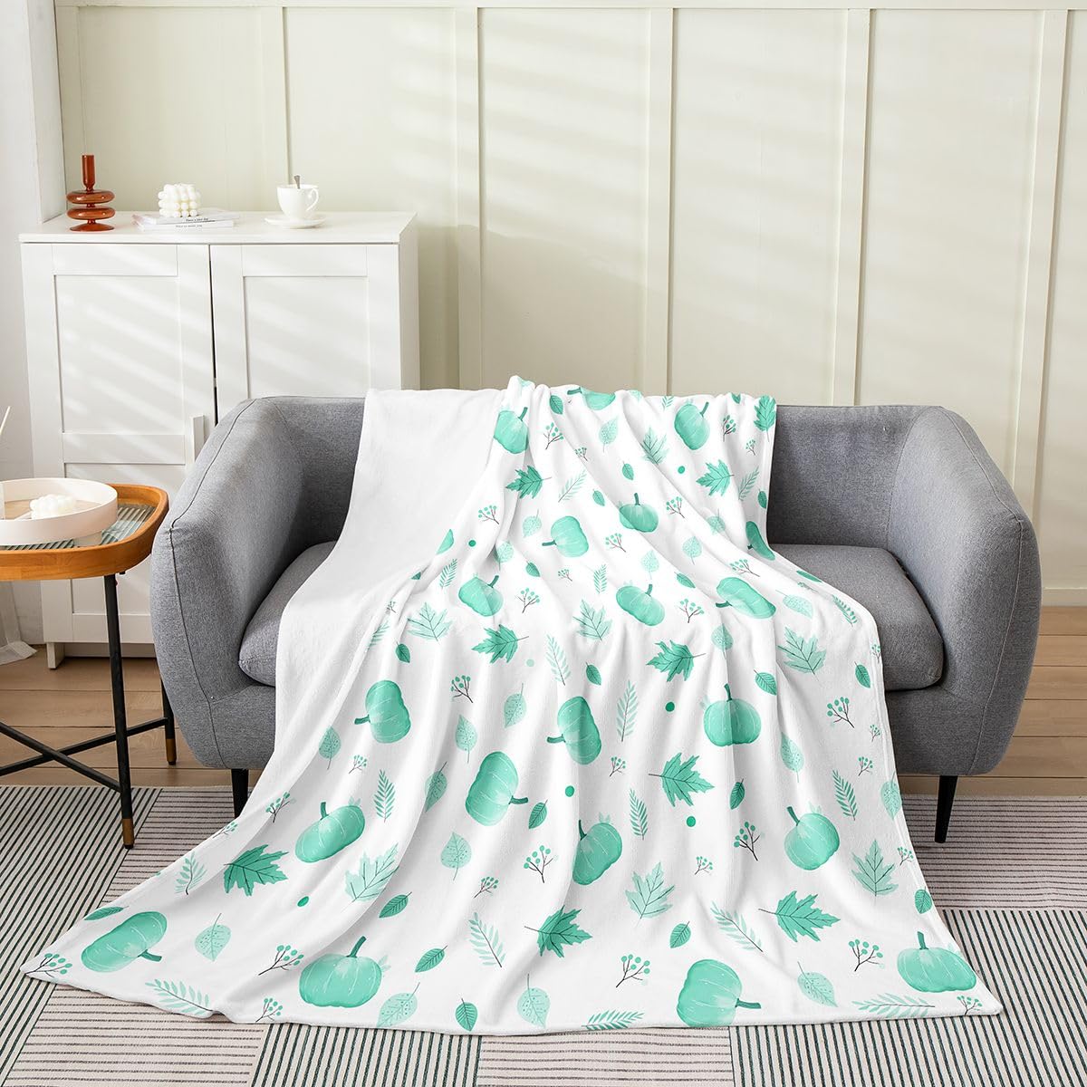 jejeloiu Fall Pumpkin Plush Throw Blanket Rustic Flannel Blanket Queen 90"x90" Farmhouse Autumn Maple Leaves All Season Vintage Country for Couch Bed Sofa Green White Bedroom Decor