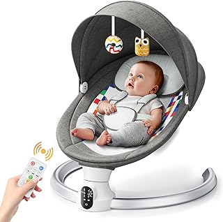 Electric Baby Bouncer,Helangel Electric Baby Swing Chair from Birth Electric with Mobile App and Remote Control for Children up to 9 kg Weight with 5 Point Safety Harness (Dark Grey)