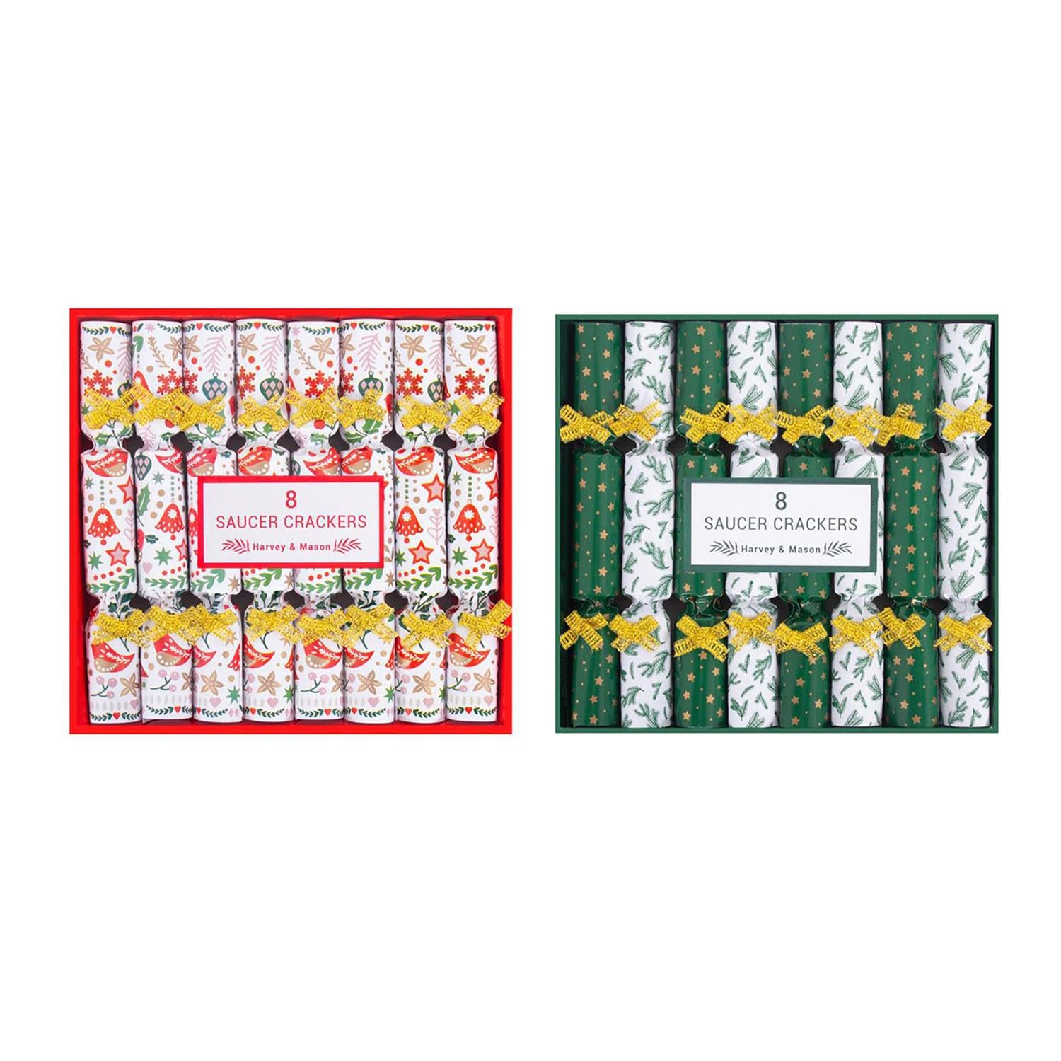 Yöl Red Robin + Green Holly Pack Of 16 Mini Saucer Christmas Crackers Afternoon Tea Breakfast Xmas Table Decoration Green Gold