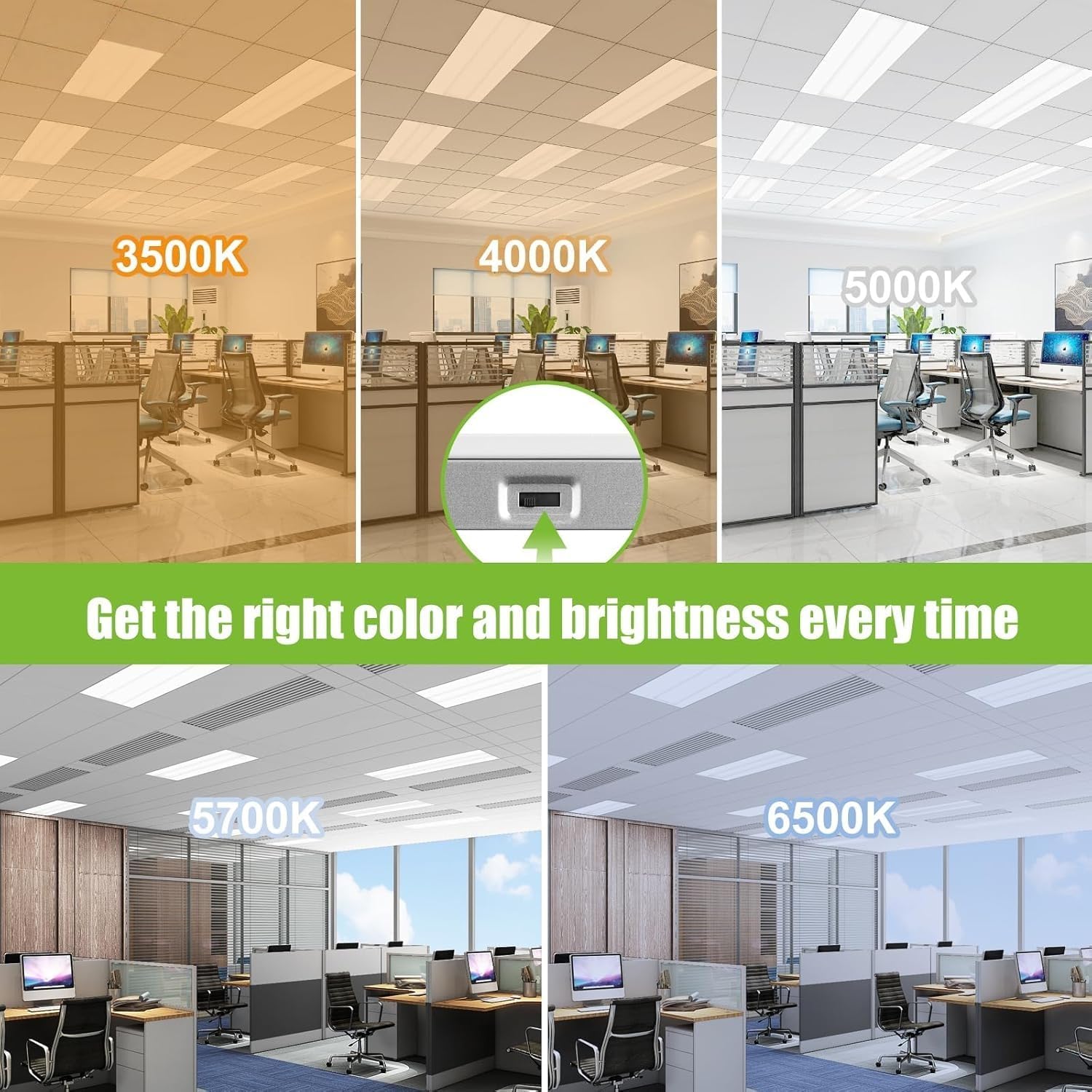 2x4 FT 4 Pack LED Troffer Center Basket Panel Ceiling Office Light Fixture, 5 Color Tunable 3500K/4000K/5000K/5700K/6500K, 0-10V Dimmable Chandeliers, ETL+DLC 5.1 Certified