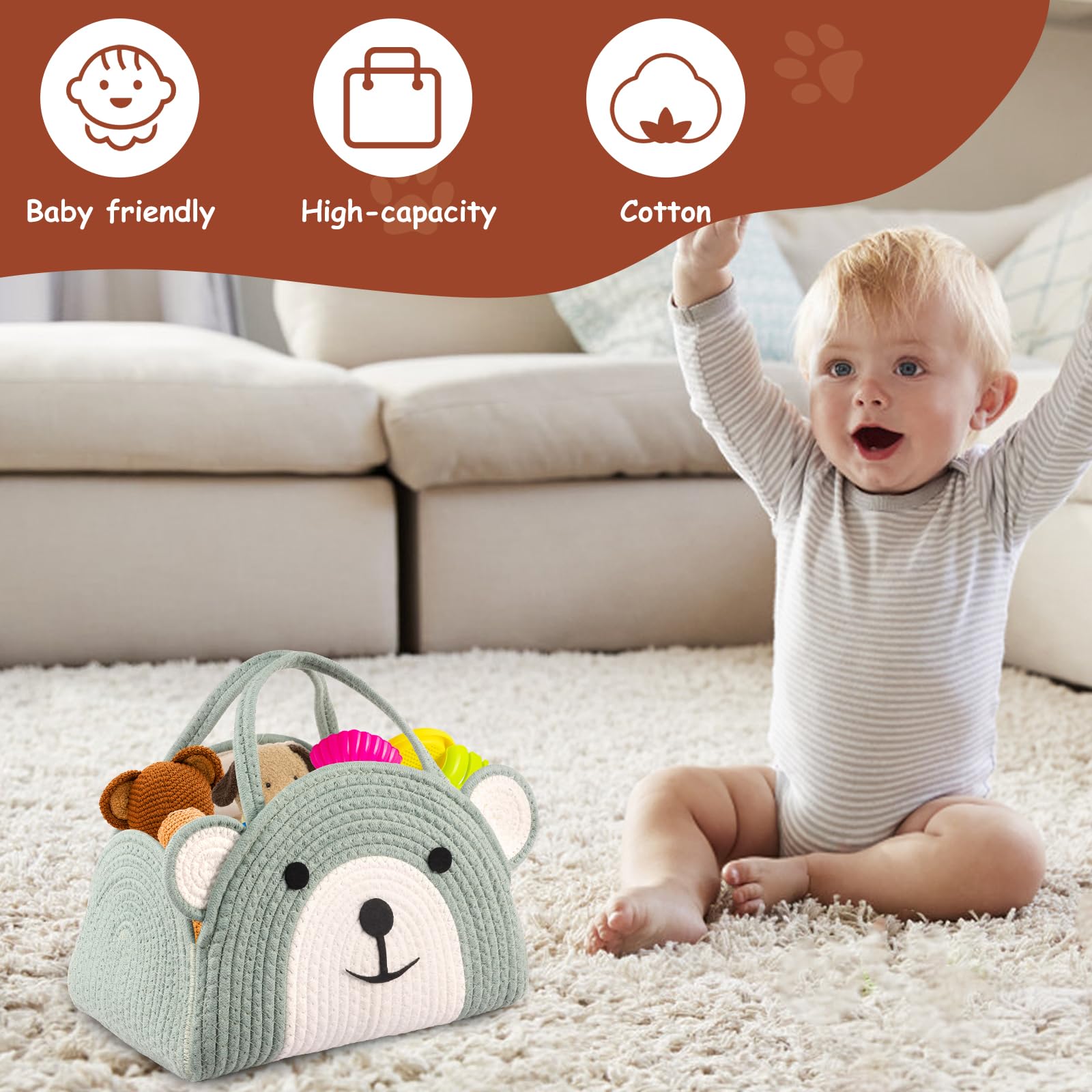 Baby Nappy Caddy Organiser, Portable Cotton Rope Woven Diaper Caddy, Portable Nursery Baby Caddys Storage Basket - Image 4