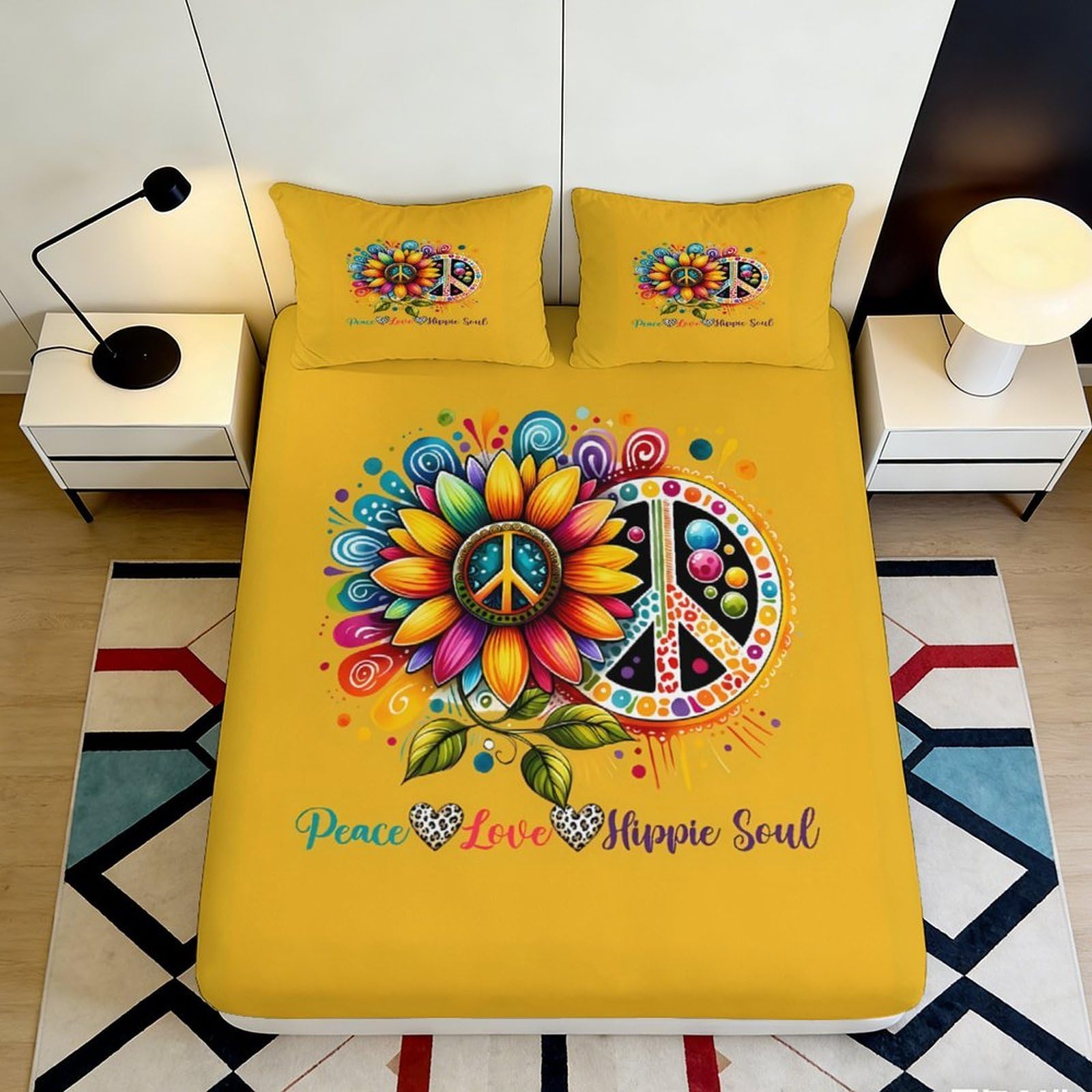 3D Printed Sunflower Peace Fitted Sheet Microfiber Yellow Hippie Soul Mattress Cover for Bedroom Dorm Easy Care 120x200x25cm