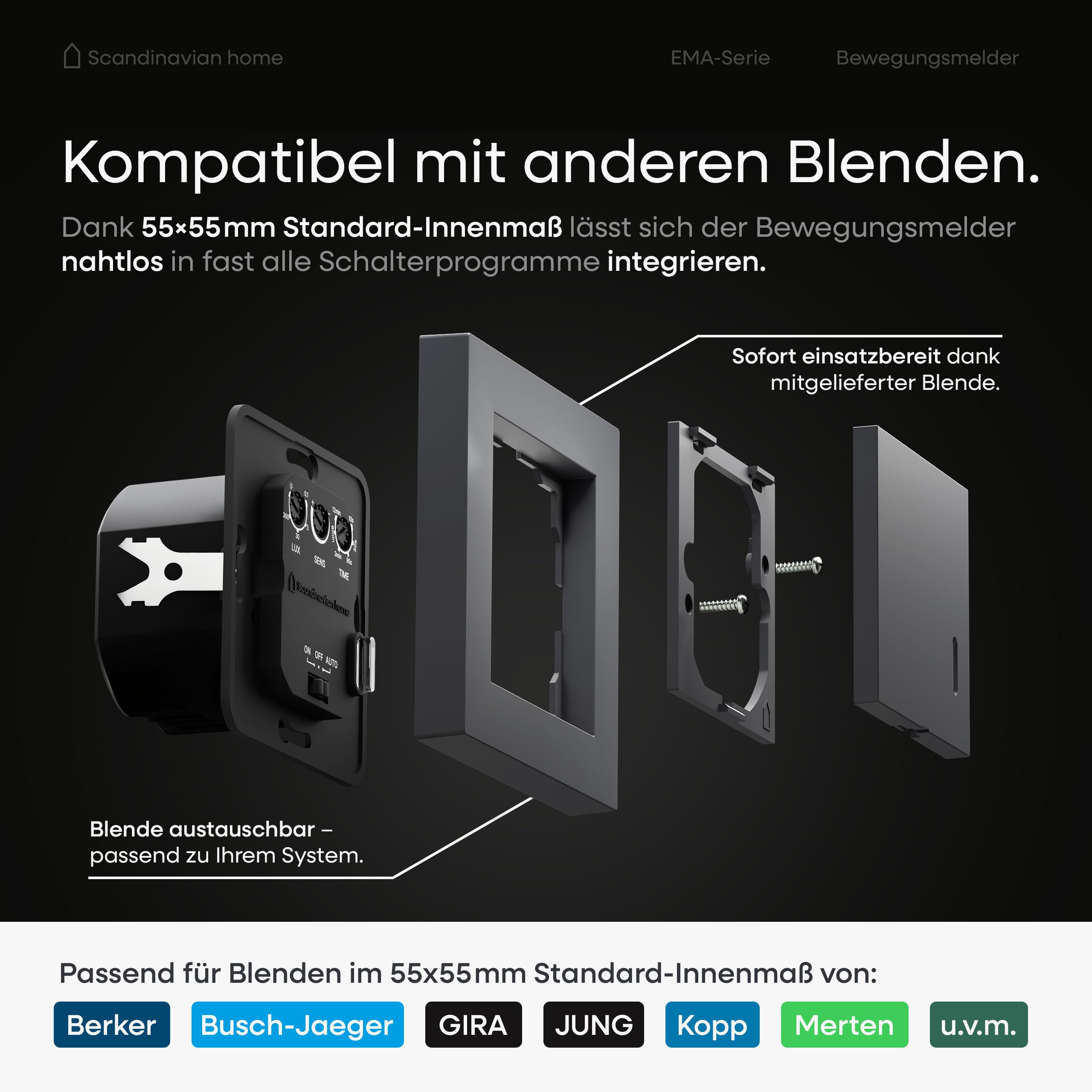 Scandinavian Home - Rilevatore di movimento per interni, con sensore di movimento, misura standard 55-180°, 15 m, con tecnologia a 3 fili/neutro per LED, montaggio a incasso, antracite opaco