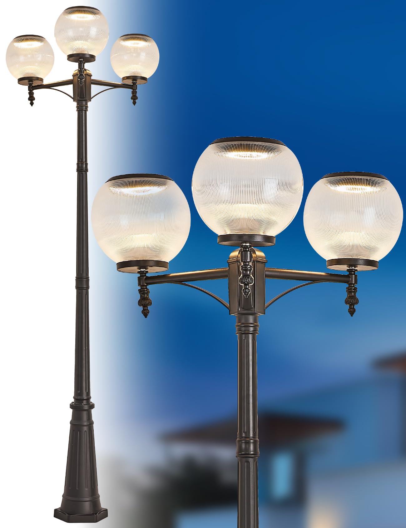 Solar Powered Outdoor Post Light 90.5" H 3-Headed Street Pole Light Dusk to Dawn Sensor Exterior Post Lamp 3 Light Outside Pole Mount Lamp LED Outdoor Street Light Fixture for Yard Pillar