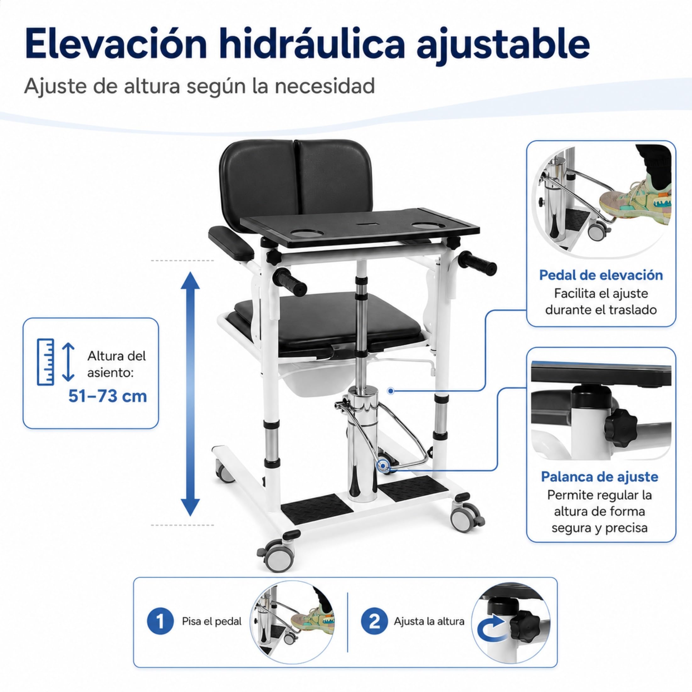 Elevador hidráulico para pacientes, silla de transferencia, 150 kg, altura regulable, silla de ducha con ruedas, silla para inodoro, asiento plegable de 180°, 4 ruedas de freno con bandeja + orinal