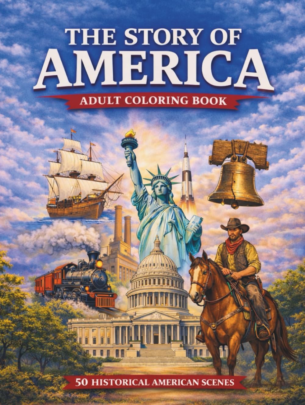 The Story of America: Adult Coloring Book: 50 Historical American Scenes